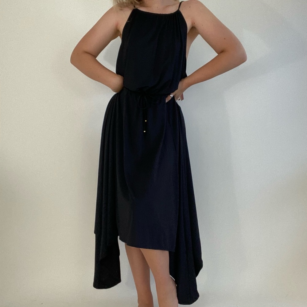 All black Pilyq midi handkerchief hem midi dress